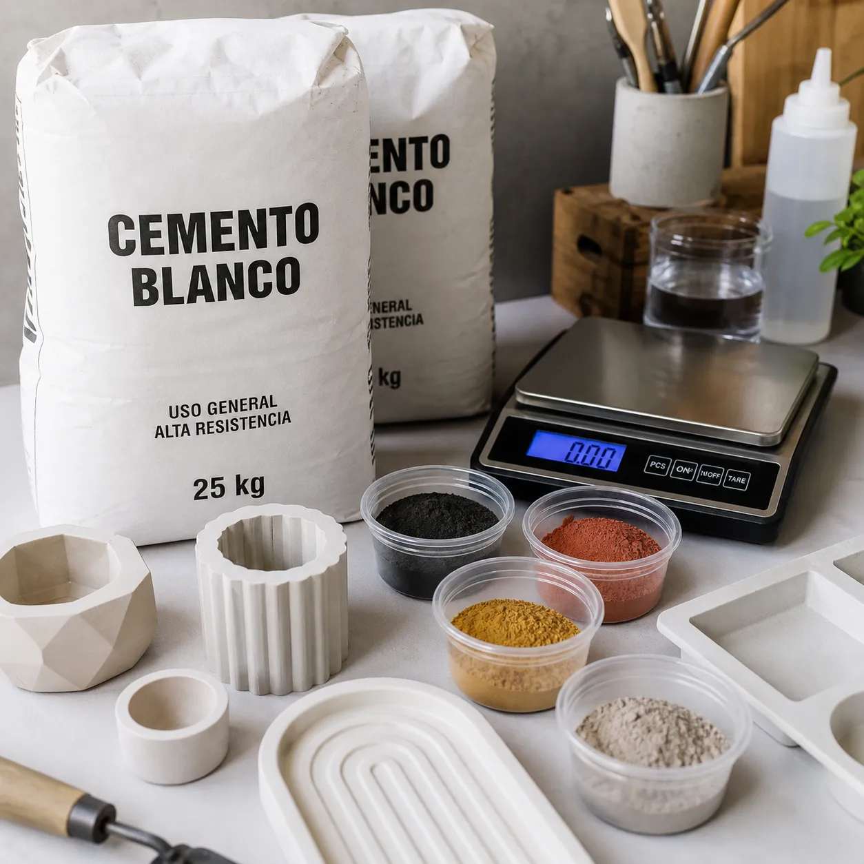 Un primer plano fotorrealista de un espacio de trabajo limpio con sacos de cemento blanco, pigmentos minerales en polvo, balanzas de precisión y moldes de silicona dispuestos ordenadamente.