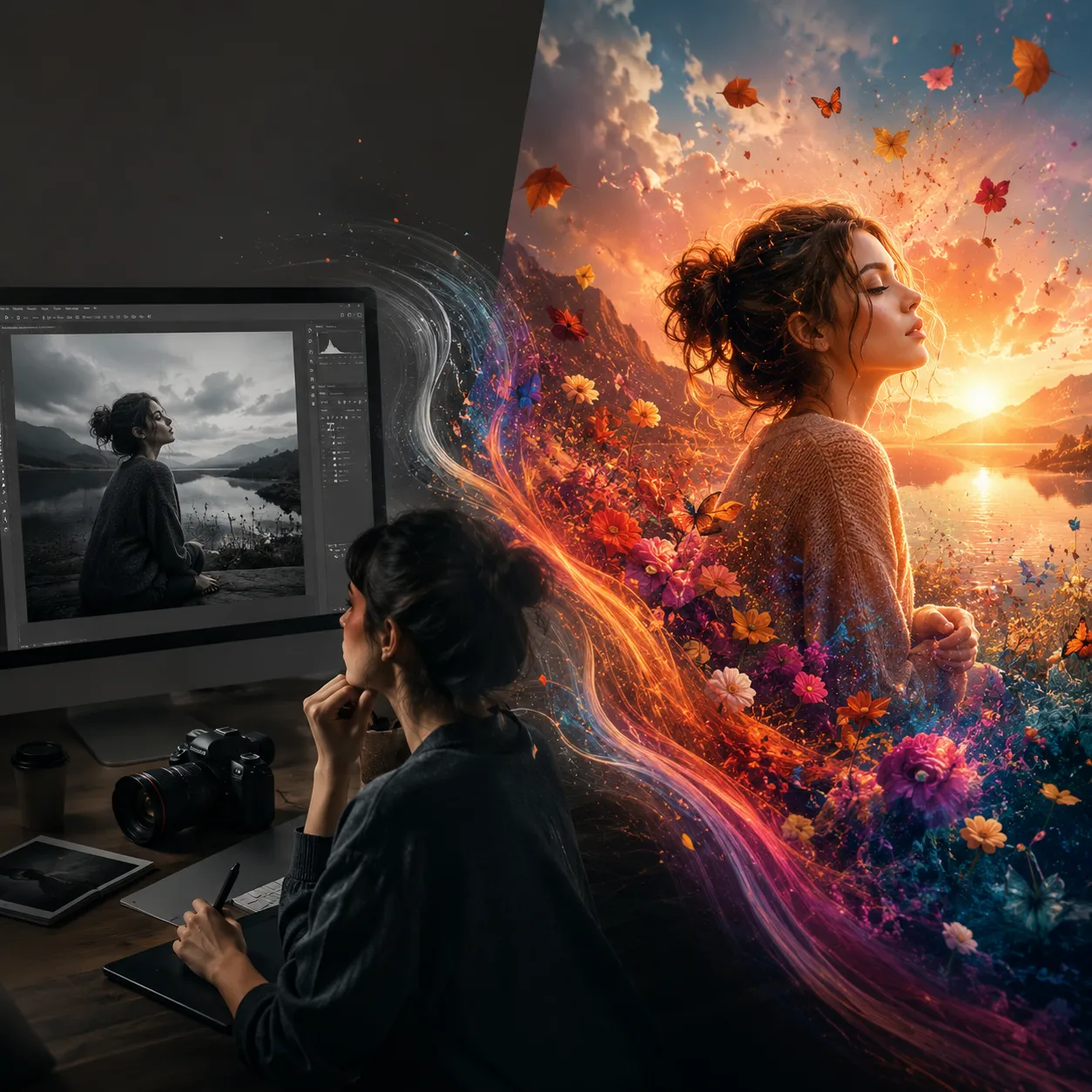 Artista digital editando una fotografía en un entorno oscuro mientras la imagen se transforma en una escena colorida y emocional llena de flores, luz y elementos creativos.