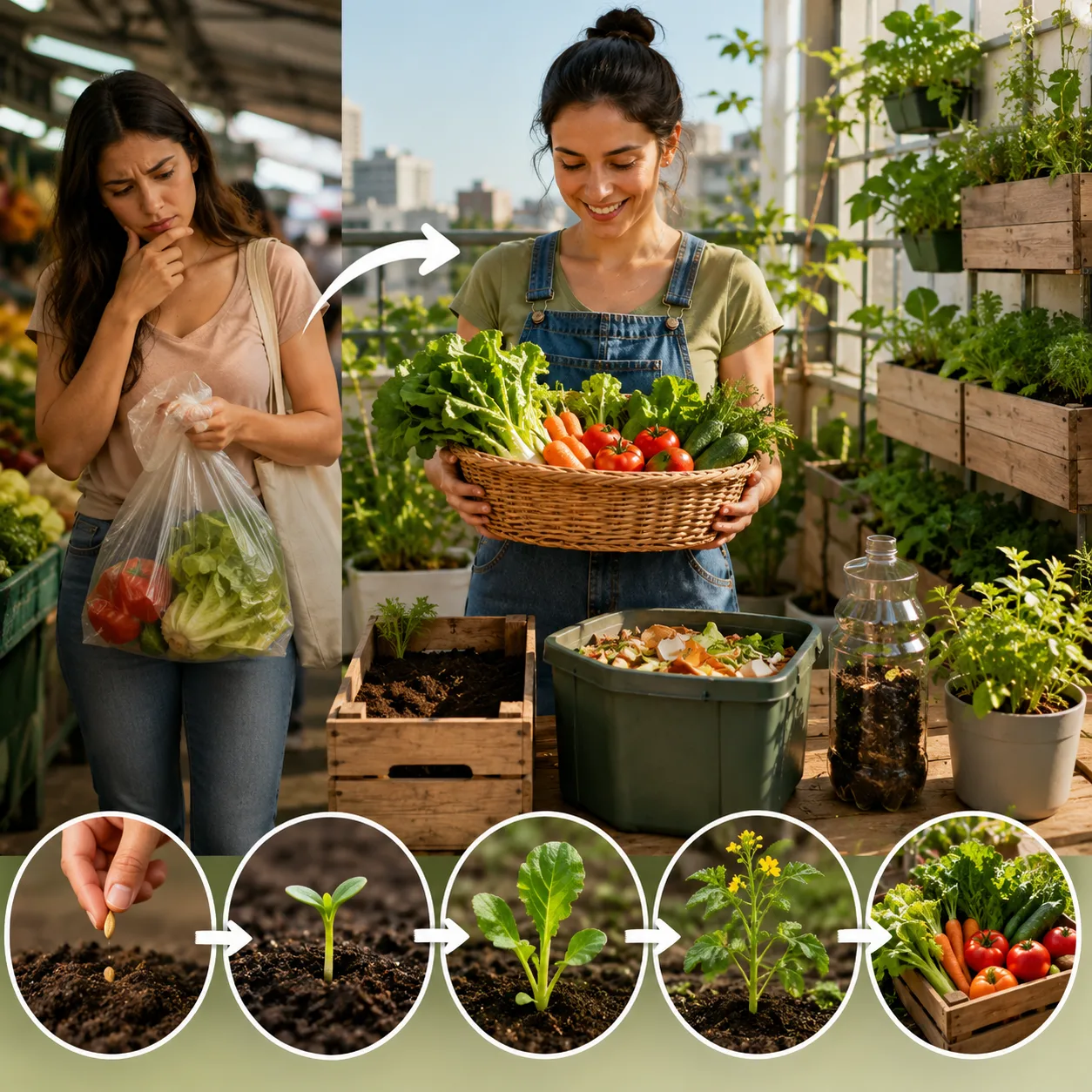 Persona cultivando un huerto orgánico en casa con vegetales saludables, reutilización de materiales y plantas creciendo en un espacio urbano sustentable.