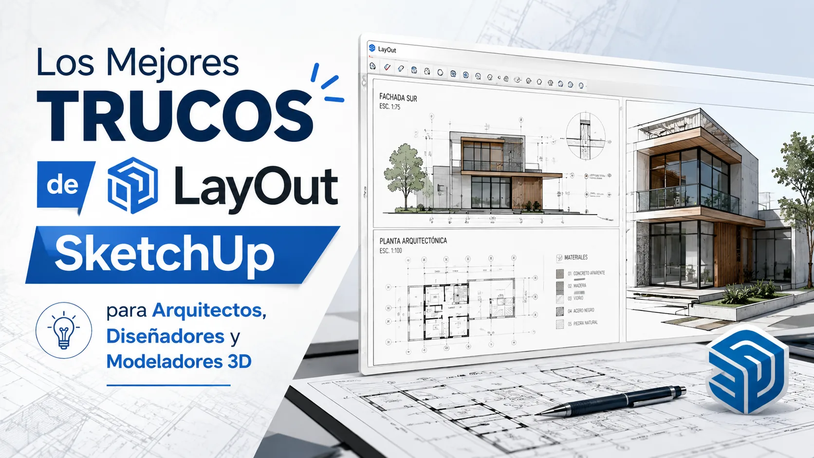 Espacio de trabajo moderno de arquitectura con LayOut SketchUp abierto en pantalla mostrando planos profesionales, modelado 3D y detalles técnicos para arquitectos y diseñadores.