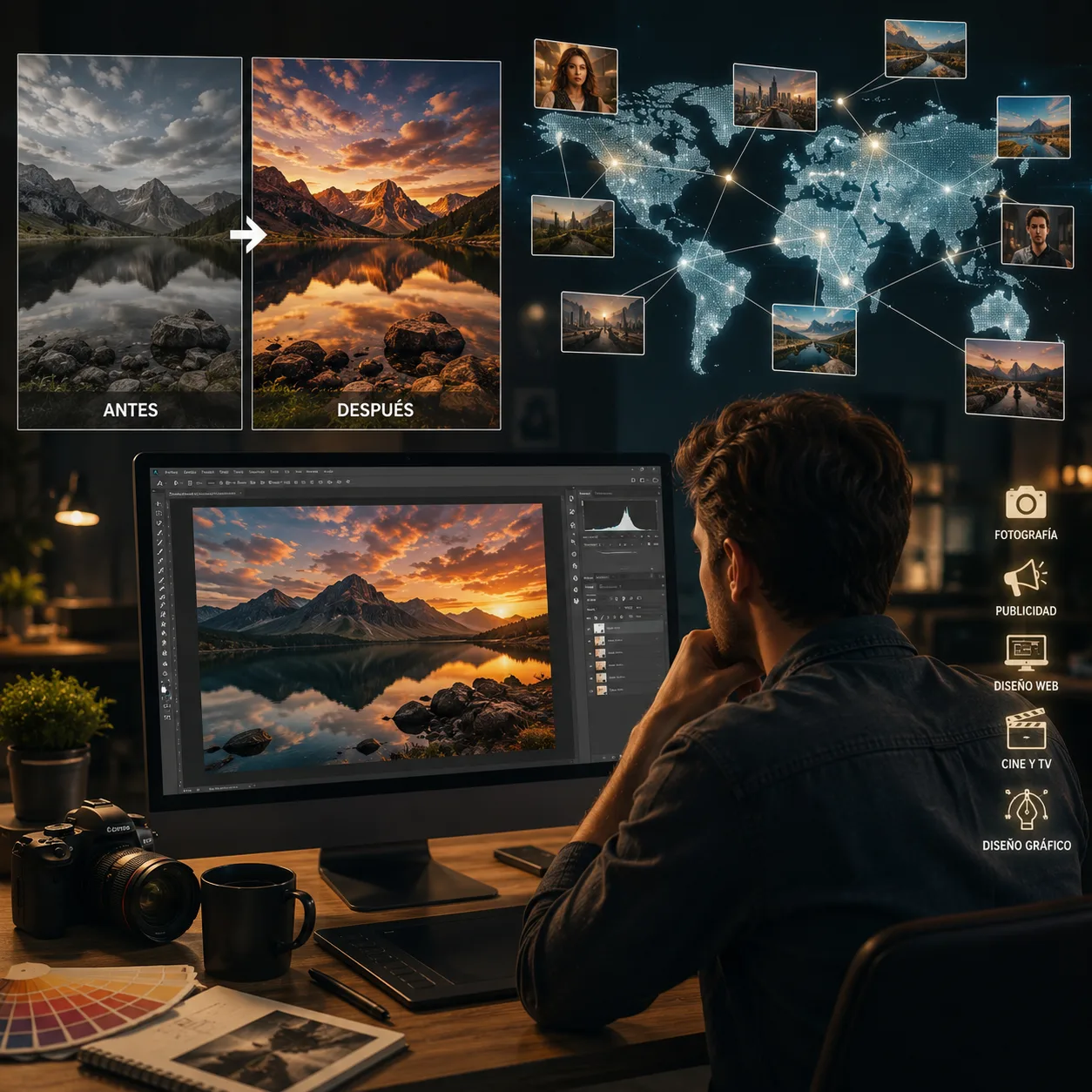 Fotógrafo profesional trabajando en la edición de imágenes en Photoshop, mostrando la transformación de una fotografía común en una imagen artística y profesional con acabado cinematográfico.