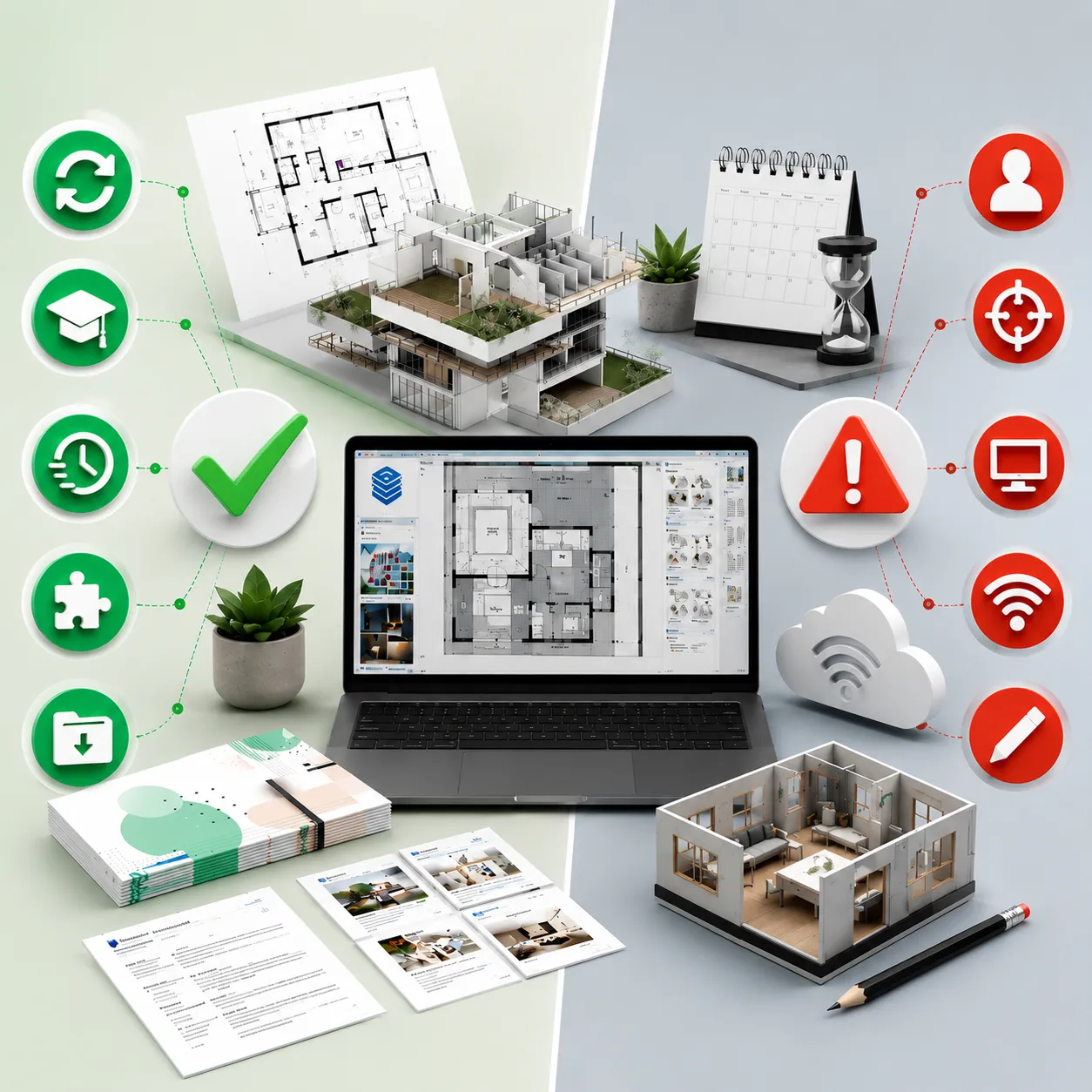Composición visual del curso LayOut SketchUp mostrando ventajas y aspectos a considerar mediante planos arquitectónicos, laptop con documentación técnica, modelos 3D e iconografía profesional.
