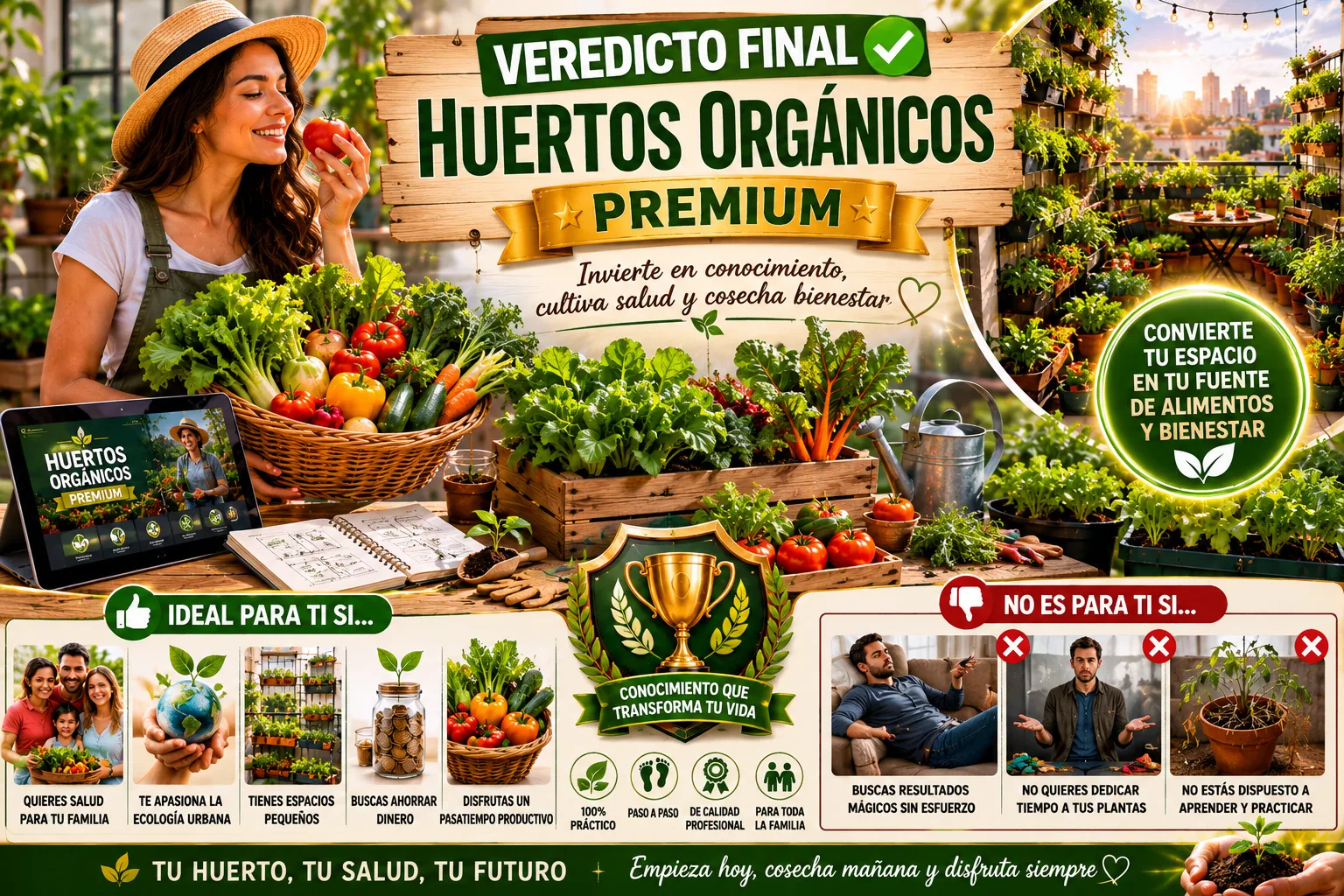 Veredicto final del curso Huertos Orgánicos Premium mostrando huerto urbano saludable, cultivo sostenible en casa y beneficios de producir alimentos orgánicos en espacios pequeños.