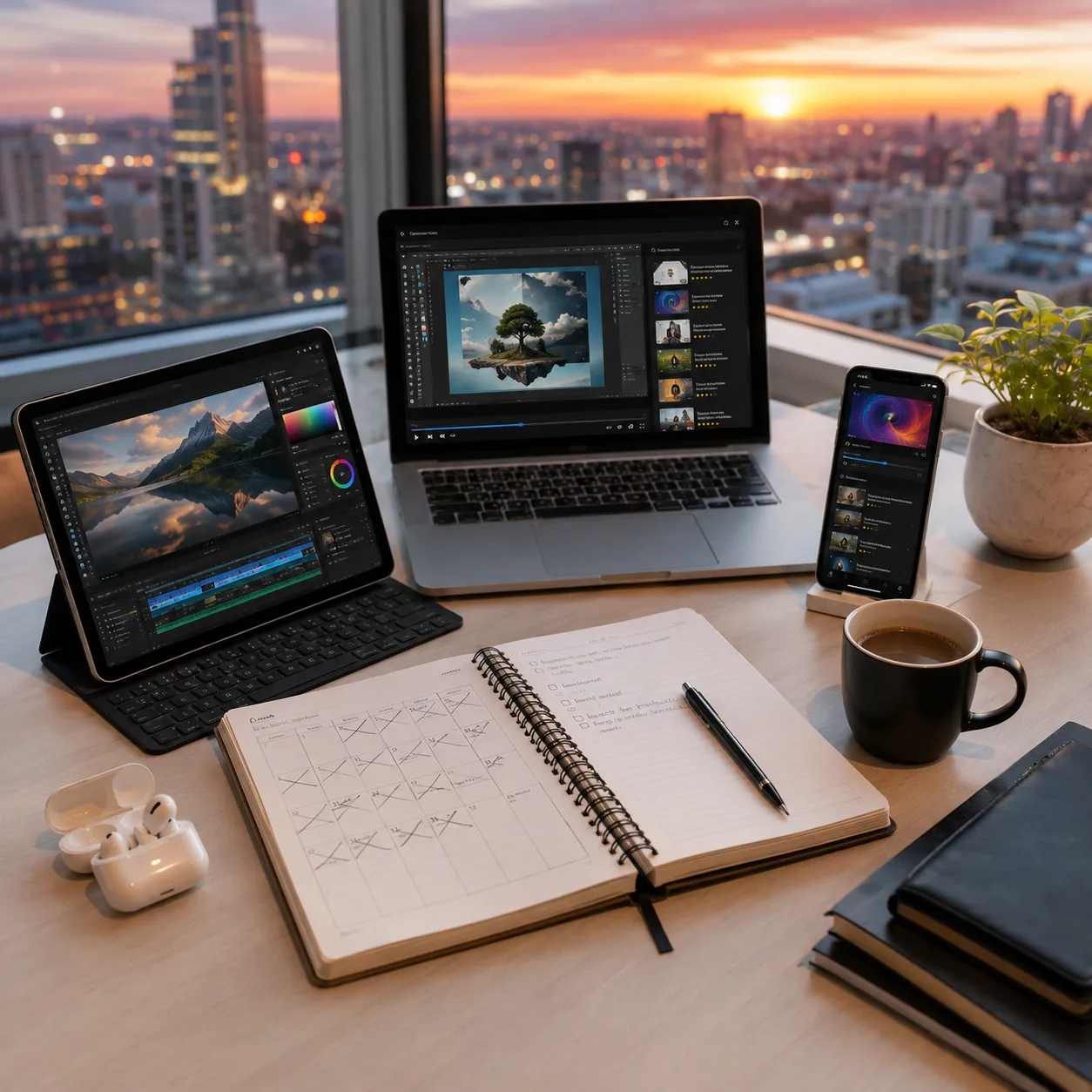 Espacio de estudio moderno con portátil, tablet y teléfono móvil mostrando contenido educativo digital, acompañado de una agenda organizada y una vista urbana al atardecer que simboliza la flexibilidad del aprendizaje online desde cualquier lugar y horario.