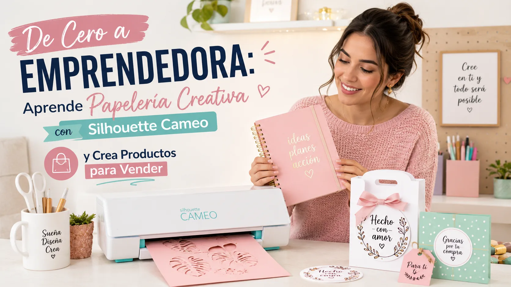 Mujer emprendedora creando productos de papelería creativa con una Silhouette Cameo en un espacio de trabajo, rodeada de diseños personalizados, cajas de regalo y materiales para iniciar un negocio de papelería.