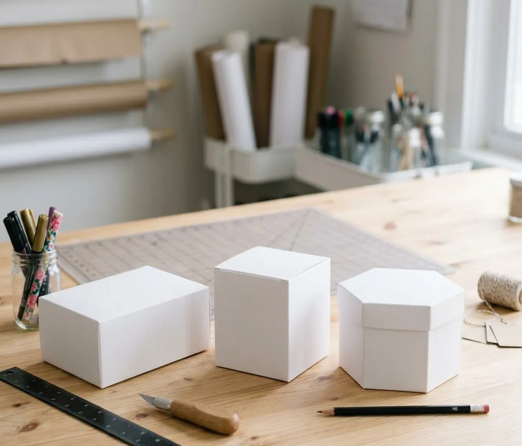  Mesa de trabajo donde se aprecian tres tipos de cajas blancas de diferentes formas geométricas perfectamente armadas, sirviendo como lienzos en blanco para personalización.