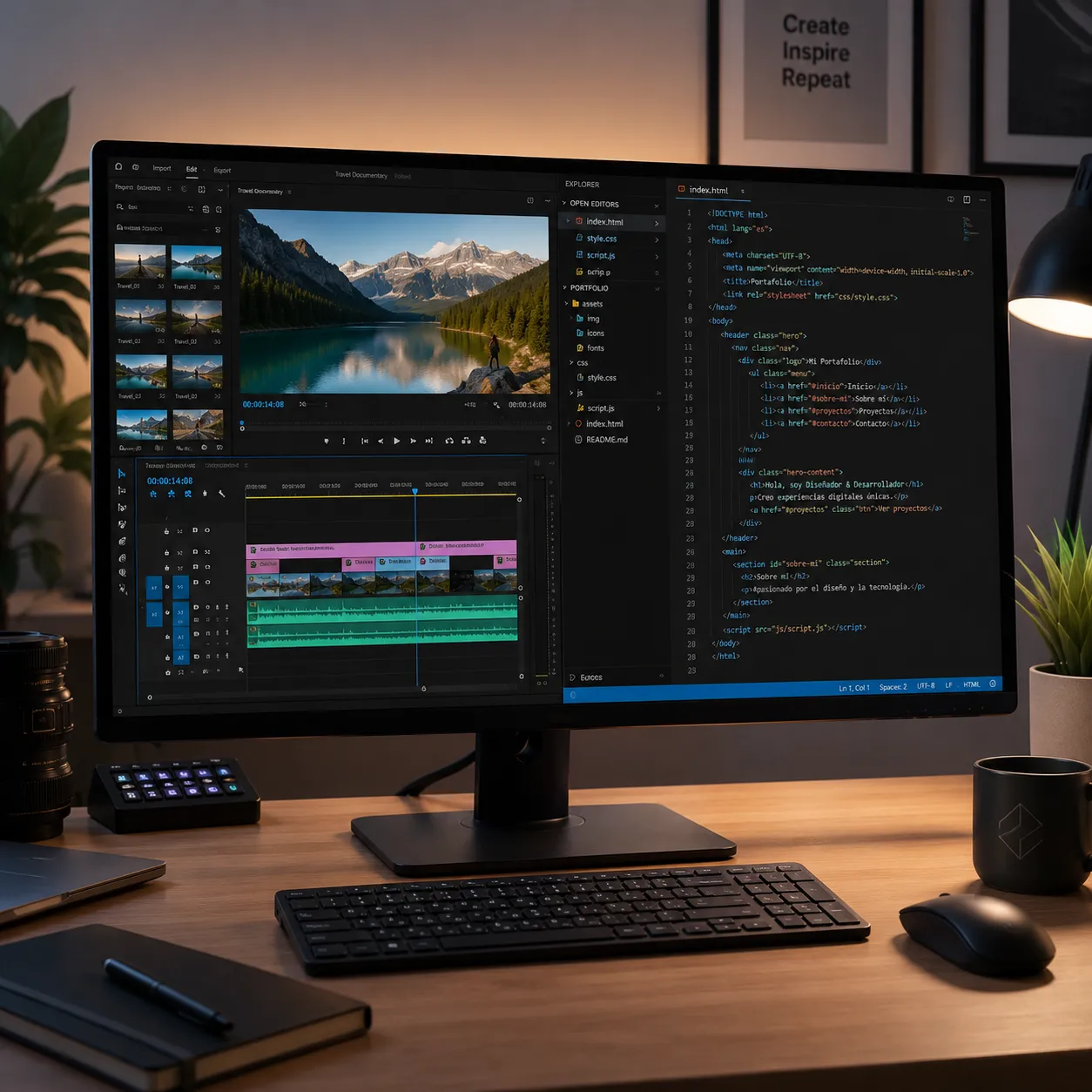 Monitor de alta resolución con ventanas divididas mostrando una línea de tiempo de edición de video y código de desarrollo web en un entorno iluminado suavemente.