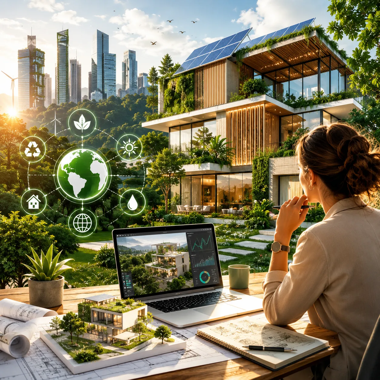 Arquitectura bioclimática moderna con edificio sostenible, paneles solares, vegetación integrada y diseño ecológico orientado al futuro.