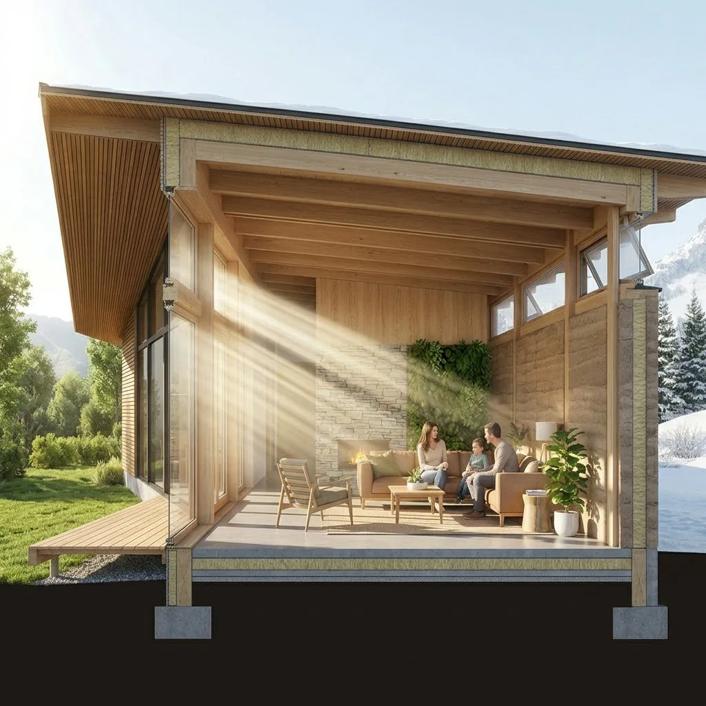 Render fotorrealista de una sección constructiva de una vivienda unifamiliar bioclimática, mostrando la trayectoria de los rayos solares de invierno ingresando por los ventanales y la protección de un alero en verano.