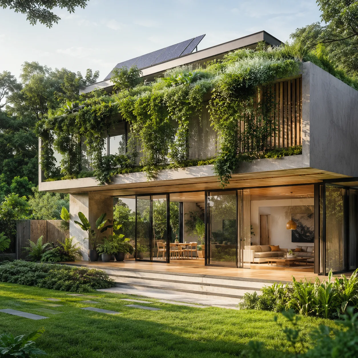 Render fotorrealista de una vivienda sostenible con diseño bioclimático, integrando elementos naturales como vegetación en la fachada y techos verdes. La luz natural inunda el interior a través de amplios ventanales.