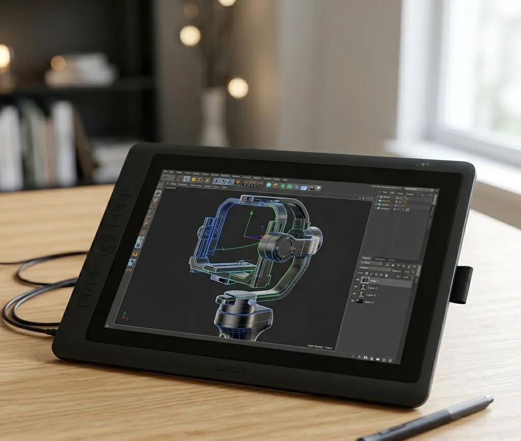 Una tableta digitalizadora que muestra un modelo tridimensional detallado de un objeto de diseño industrial, apoyada sobre una mesa de madera clara.