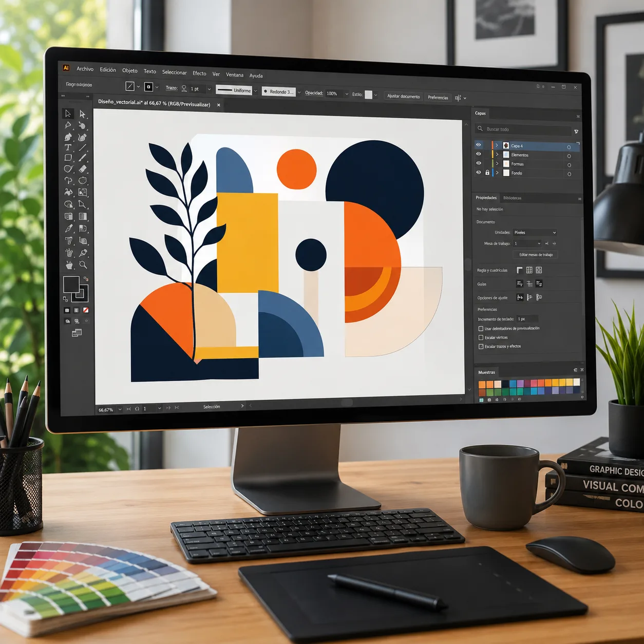 Pantalla de ordenador mostrando herramientas vectoriales y capas de edición de imagen en un espacio de trabajo limpio y ordenado.