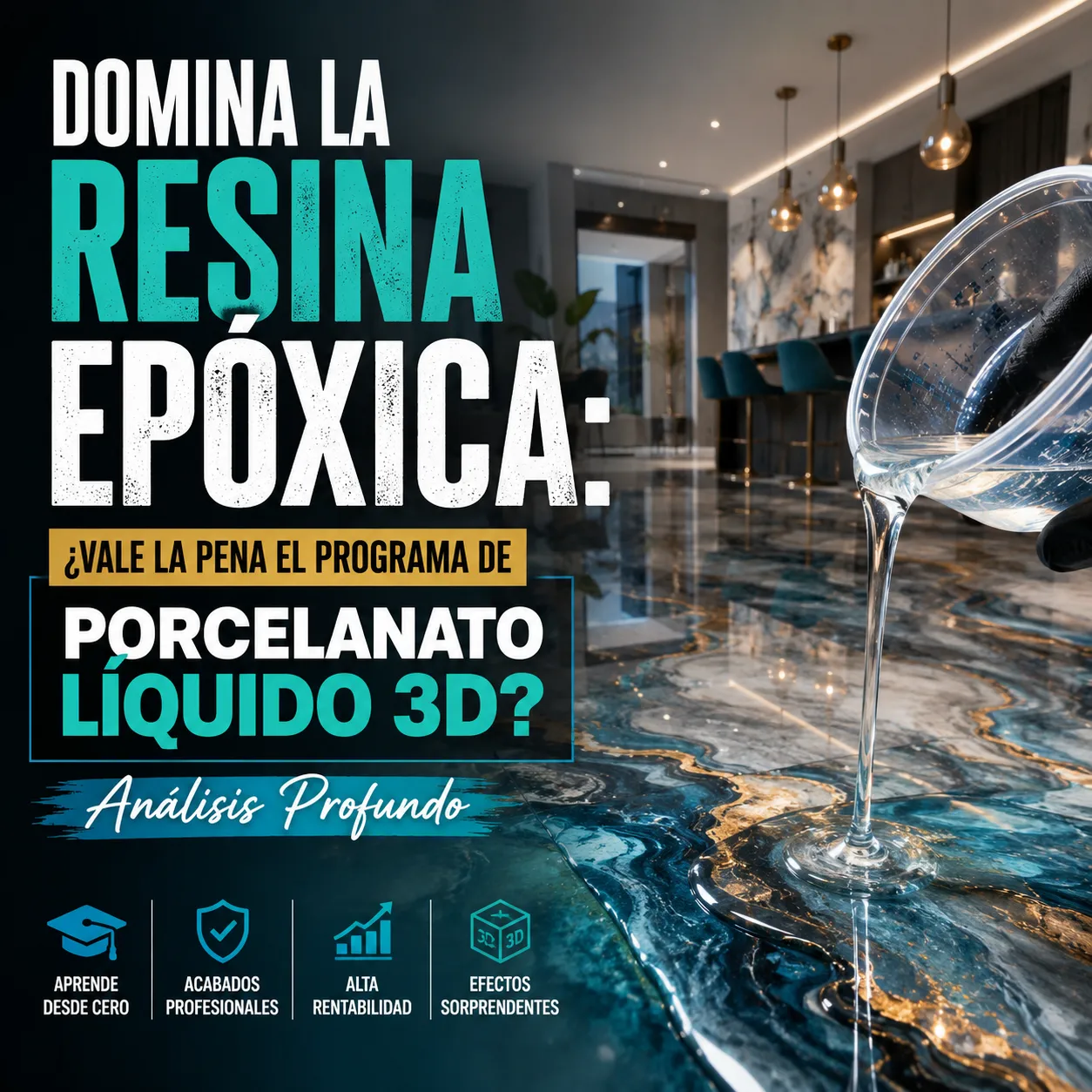 Aplicación de resina epóxica para crear un acabado de porcelanato líquido 3D con efecto brillante en un interior moderno, representando un análisis del programa de formación.