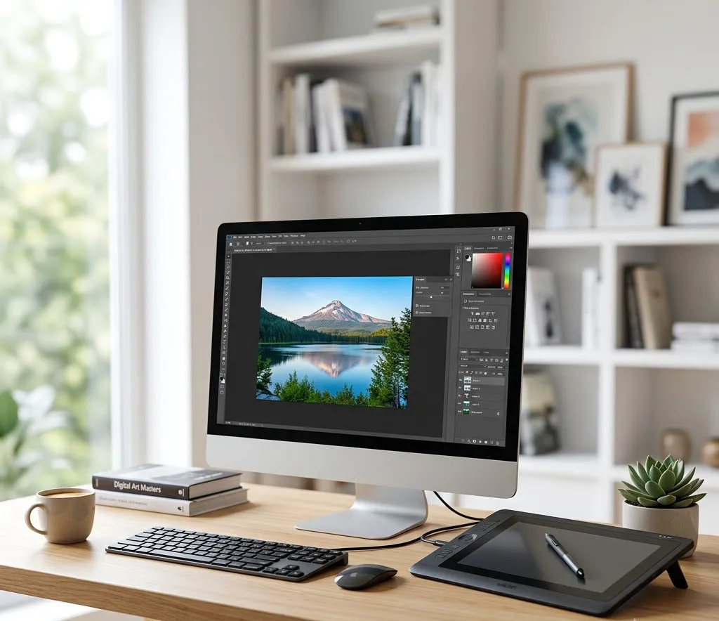 Un escritorio de trabajo minimalista con un ordenador moderno que muestra un software de edición de imágenes y una tableta gráfica al lado, rodeado de un ambiente luminoso y ordenado.