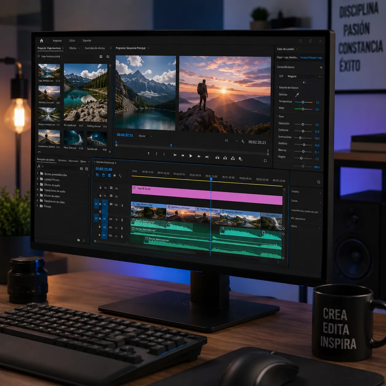 Monitor profesional mostrando una interfaz de edición de video con una línea de tiempo compleja cargada de clips de audio y video de alta resolución.