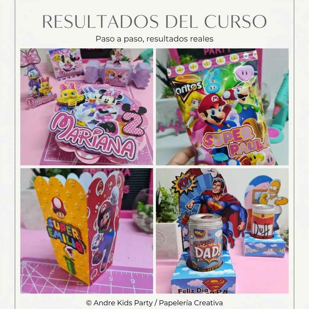 Ejemplos de trabajos realizados con el curso de papelería creativa: cake toppers personalizados de Minnie Mouse,  packaging de snacks de Mario Bros y envoltorios de latas para el Día del Padre.