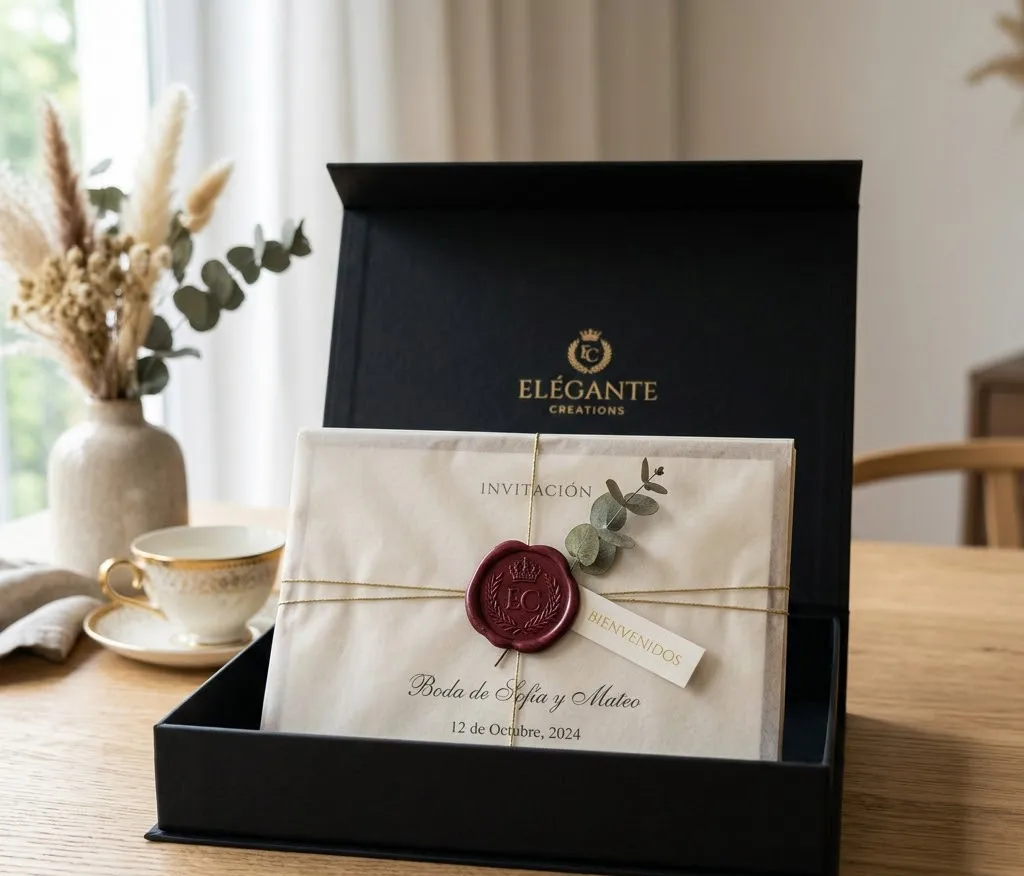 Caja de envío elegante de color negro mate abierta, revelando invitaciones envueltas en papel de seda con un sello de lacre real en el centro.