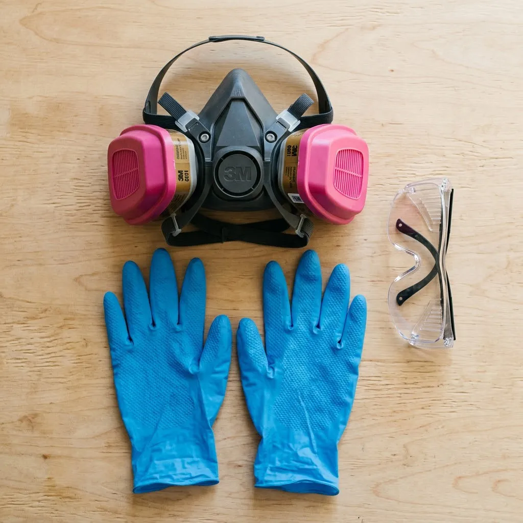 Vista superior en primer plano de un kit de seguridad sobre una mesa limpia, que incluye una máscara respiratoria con filtros de vapores orgánicos, guantes de nitrilo azules y gafas de protección transparentes.
