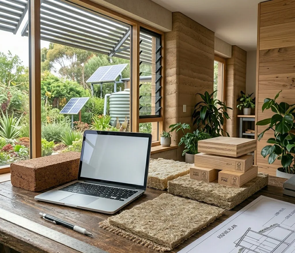 Vista fotorrealista en primer plano de un escritorio de madera en un estudio de arquitectura, con una computadora portátil encendida, planos técnicos de una casa pasiva y muestras de aislantes ecológicos. Al fondo, a través de un gran ventanal de madera, se aprecia un jardín sostenible con paneles solares y un tanque de recolección de agua de lluvia.