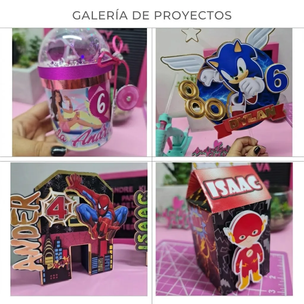 Galería con ejemplos de proyectos de papelería creativa: cake topper de Sonic, caja milk de The Flash,  dulcero de Spider-Man y vaso shaker de Barbie.