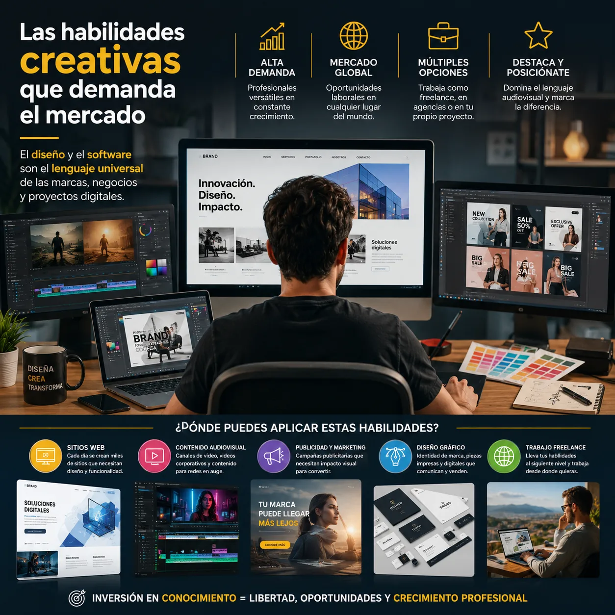 Profesional creativo trabajando frente a múltiples pantallas con proyectos de diseño web, branding, edición de video y marketing digital, representando las habilidades visuales y tecnológicas más demandadas en el mercado laboral actual.