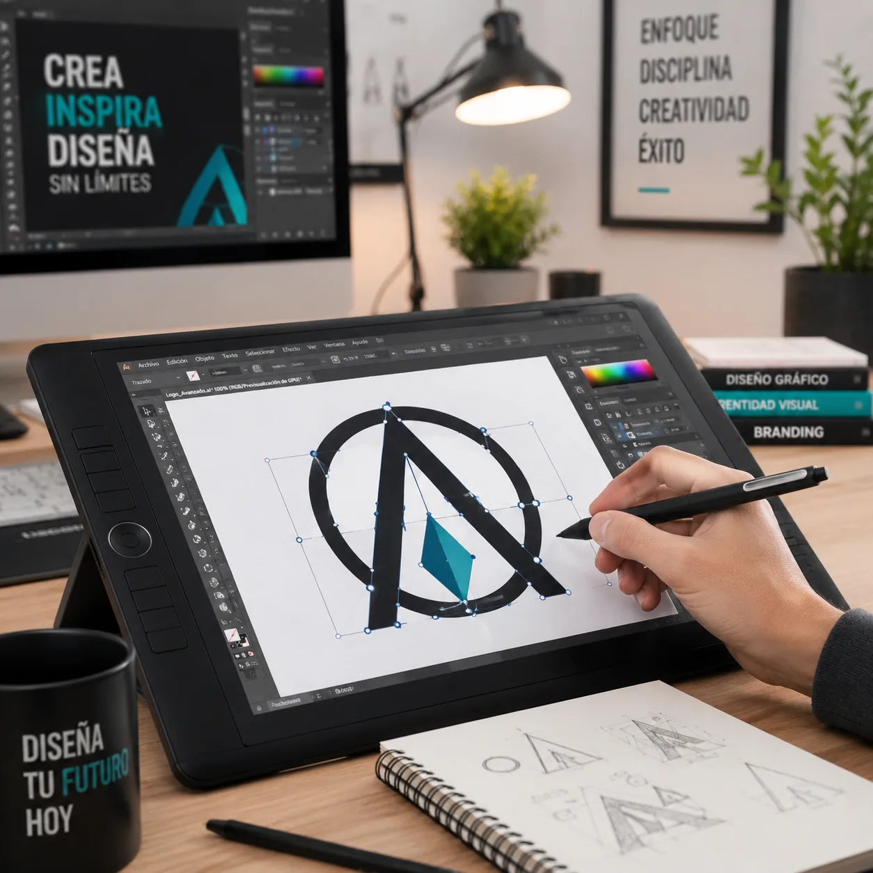 Un espacio de trabajo moderno con una tableta gráfica en primer plano mostrando el diseño detallado de un logotipo vectorial con nodos visibles.