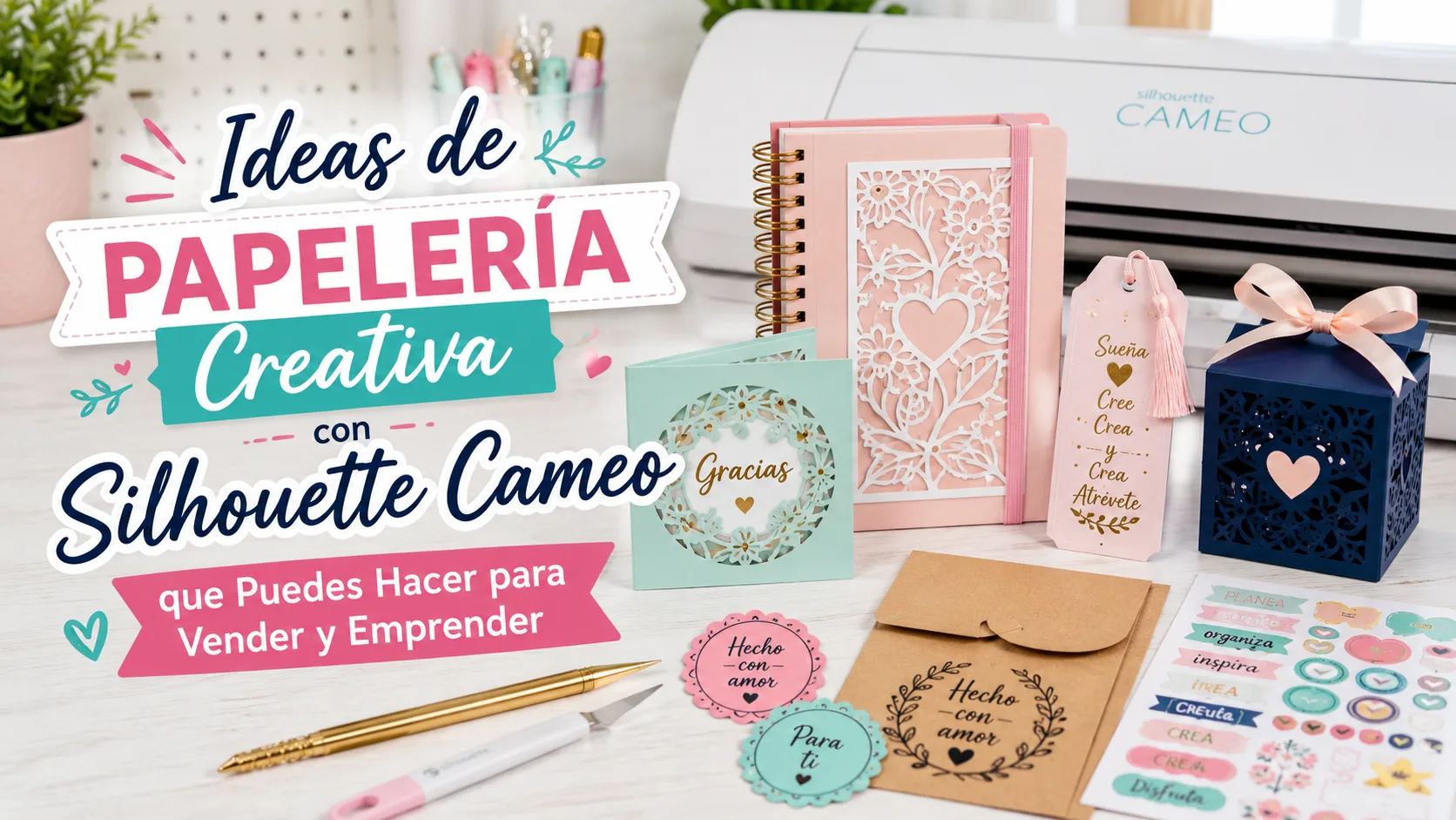 Ideas de papelería creativa con Silhouette Cameo para vender y emprender, mostrando proyectos de papel personalizados, cajas decorativas, etiquetas y diseños artesanales.