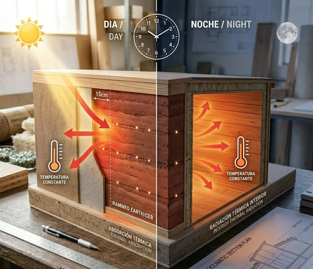 Render fotorrealista de un corte transversal de un muro de alta masa térmica, ilustrando cómo absorbe el calor de los rayos solares durante el día para liberarlo en el interior de la vivienda durante la noche.