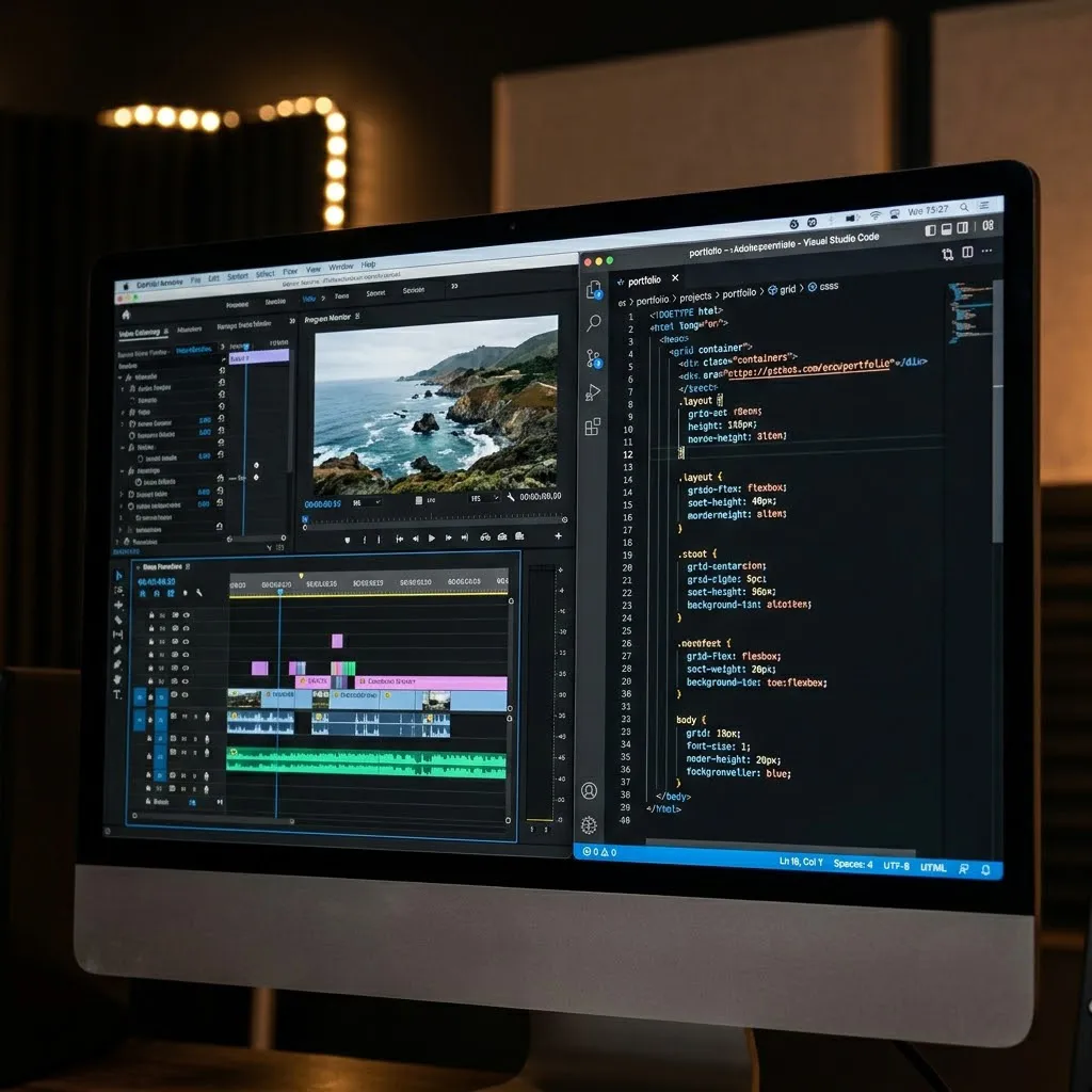 Pantalla de monitor de alta resolución mostrando una línea de tiempo de edición de video detallada y código de diseño web en ventanas organizadas, en un entorno de estudio con iluminación tenue.