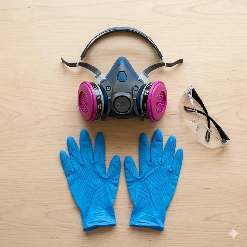 Vista superior en primer plano de un kit de seguridad sobre una mesa limpia, que incluye una máscara respiratoria con filtros de vapores orgánicos, guantes de nitrilo azules y gafas de protección transparentes.