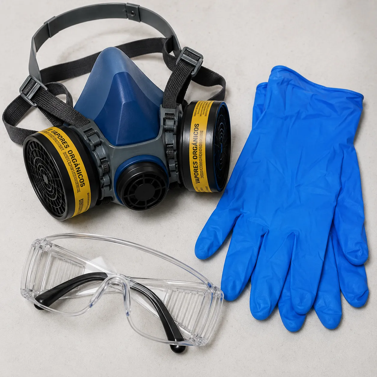 Vista superior en primer plano de un kit de seguridad sobre una mesa limpia, que incluye una máscara respiratoria con filtros de vapores orgánicos, guantes de nitrilo azules y gafas de protección transparentes.