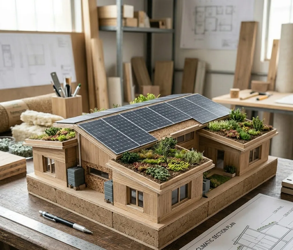 Fotografía de una maqueta arquitectónica detallada a escala de una residencia bioclimática, exhibiendo la disposición de paneles solares y cubiertas vegetales.
