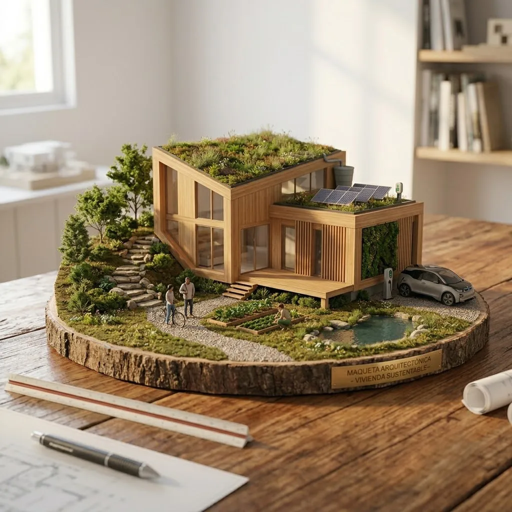 Render fotorrealista de una maqueta arquitectónica de una vivienda sustentable, con detalles realistas y una presentación pulida, destacando la integración de elementos ecológicos en el diseño.