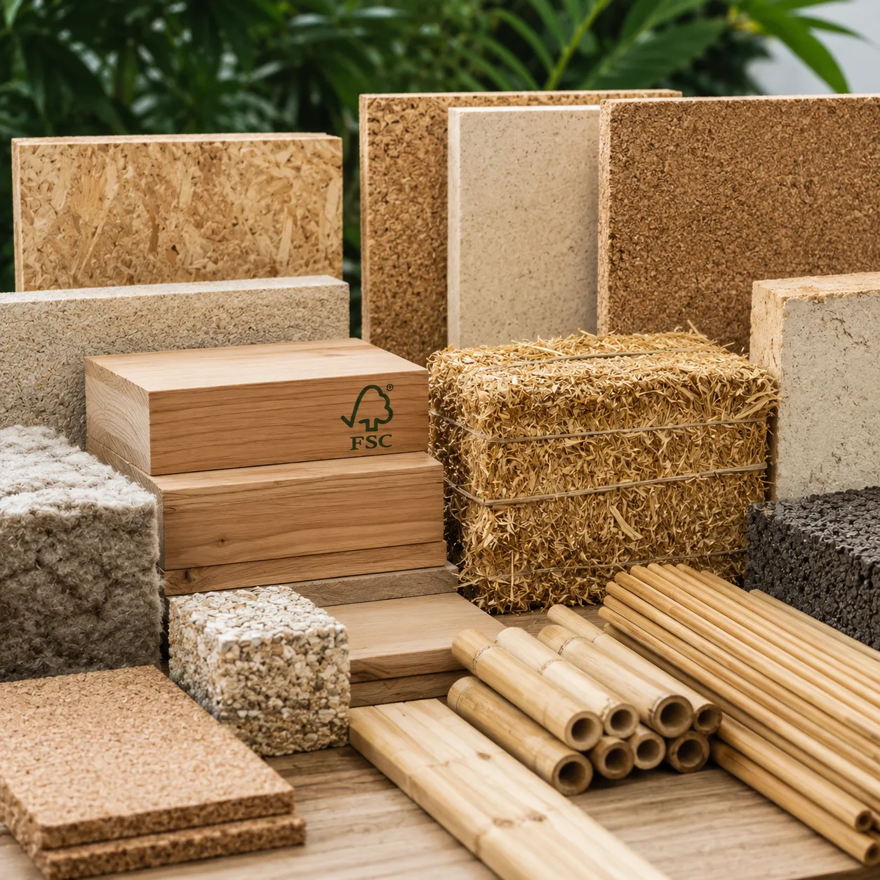 Imagen fotorrealista que muestra diversos materiales de construcción sostenibles y ecológicos, como madera certificada, bambú, balas de paja y corcho, dispuestos de manera organizada y visualmente atractiva.