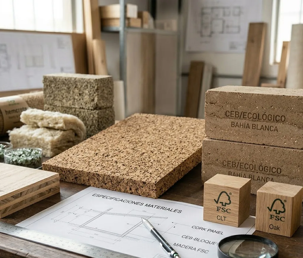 Vista de detalle de diversos materiales de construcción ecológica dispuestos sobre una mesa técnica, incluyendo paneles de corcho, muestras de madera certificada y bloques de tierra comprimida.