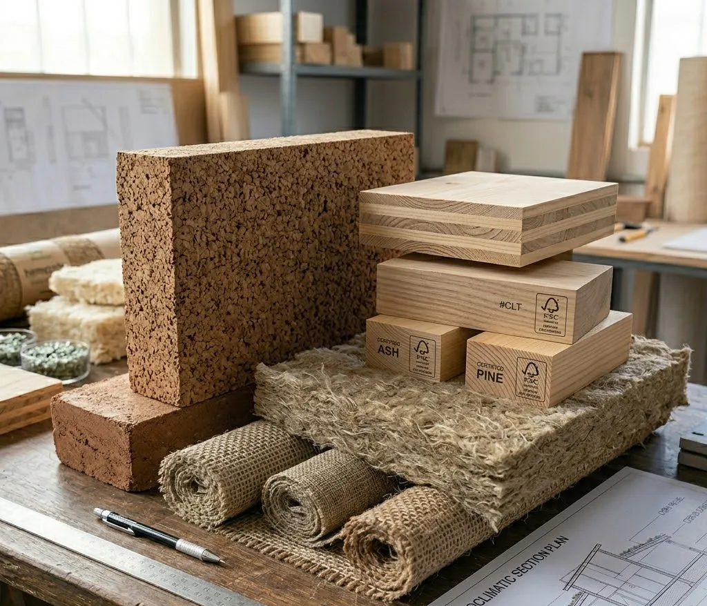 Vista en primer plano de muestras de materiales ecológicos sobre un escritorio de diseño, donde se aprecian texturas de corcho prensado, maderas claras certificadas y fibras vegetales de aislamiento.