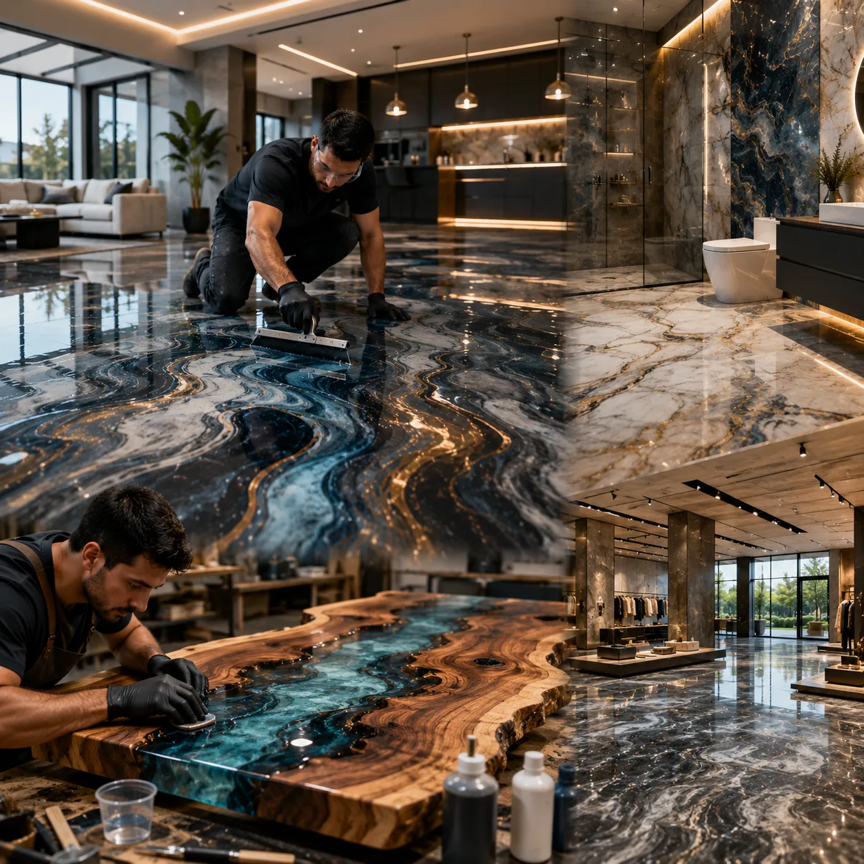 Profesionales trabajando en proyectos de resina epóxica de alta gama, incluyendo pisos de porcelanato líquido y mesas tipo río, en espacios modernos y comerciales de lujo.