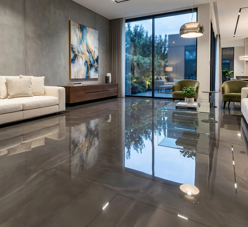 Vista angular de un salón moderno con un piso de porcelanato líquido terminado, que muestra un reflejo perfecto de tipo espejo y una superficie continua sin juntas.