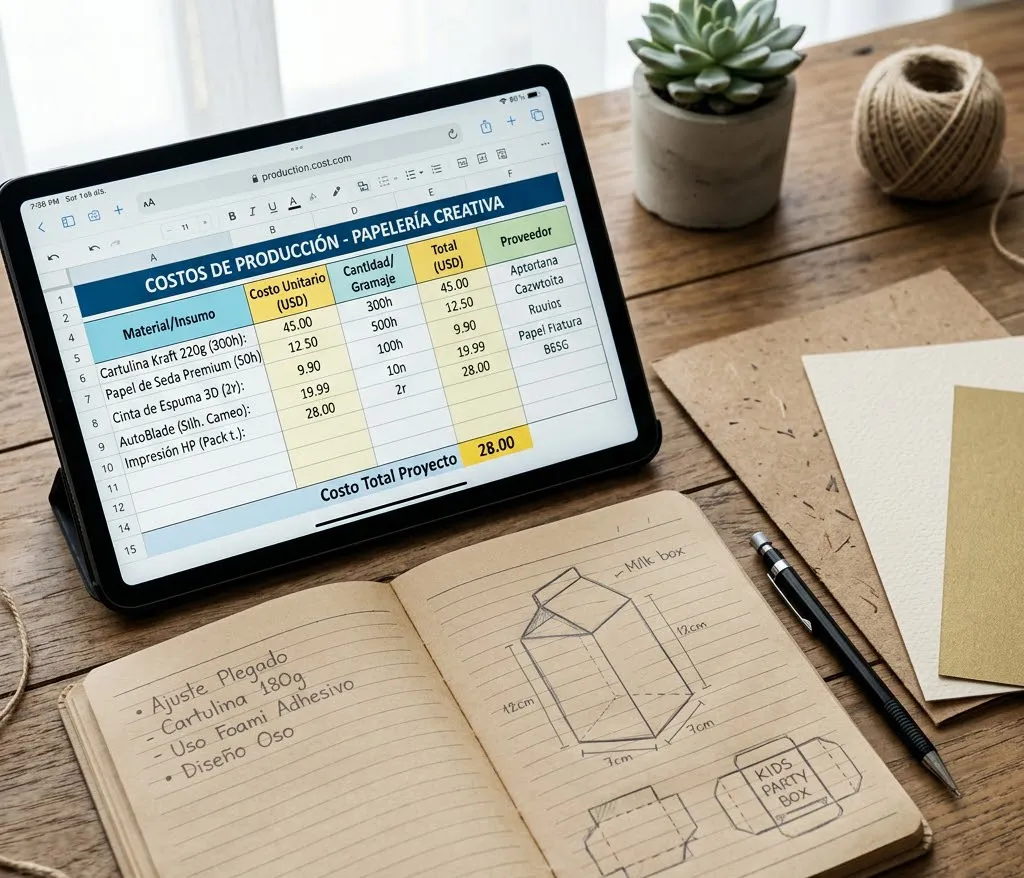 Vista de cerca de una tablet mostrando una hoja de cálculo con costos de producción, junto a un cuaderno con bocetos de empaques y muestras de papel texturizado.