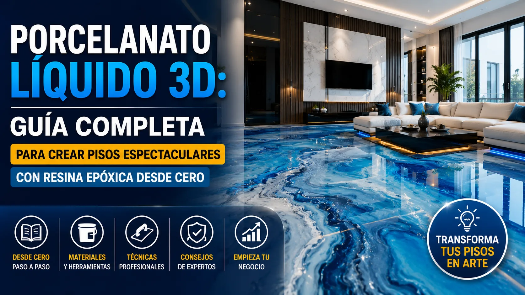 Piso de porcelanato líquido 3D con efecto oceánico creado con resina epóxica en un ambiente moderno