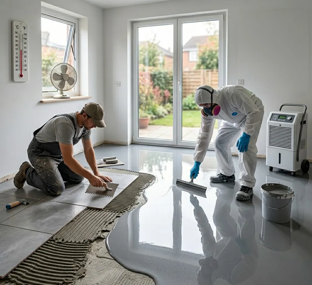 Comparativa en obra entre la colocación de cerámica tradicional con llana y el vertido de porcelanato líquido gris autonivelante.