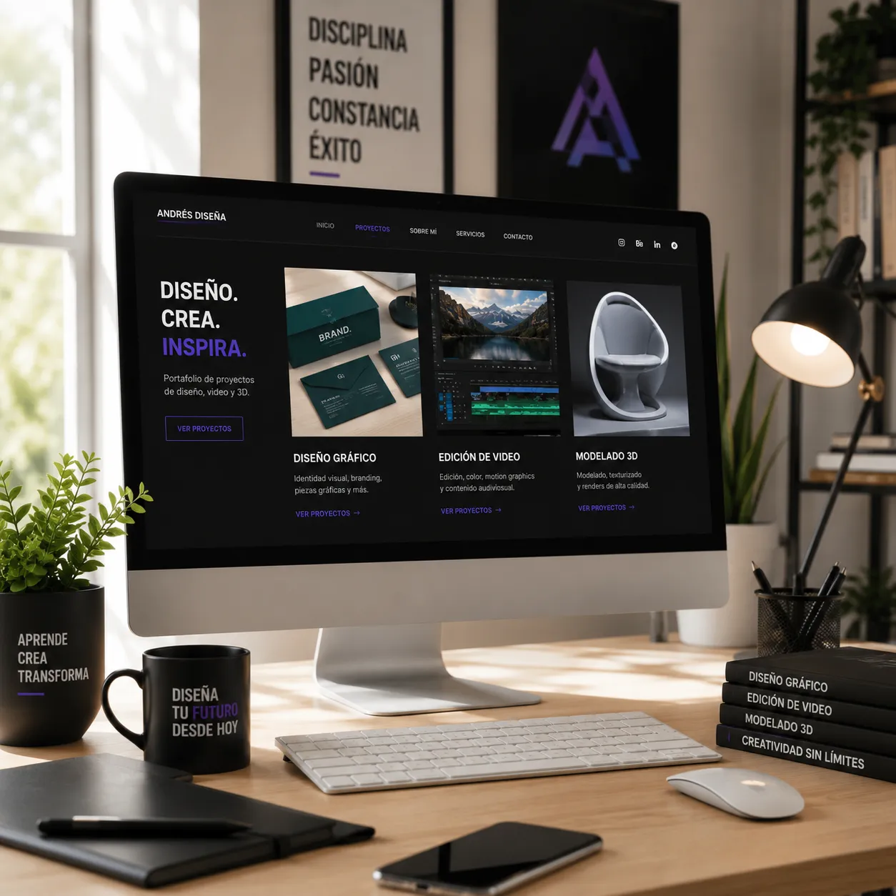Computadora de escritorio en un ambiente luminoso que muestra un portafolio web ordenado con diferentes proyectos de diseño, video y modelado 3D.