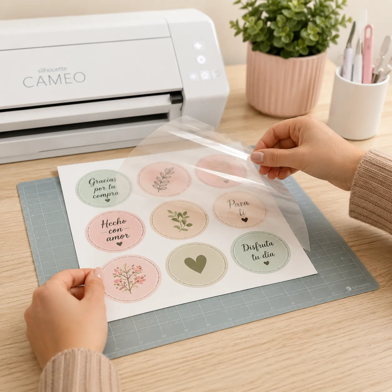 Manos aplicando una capa de vinilo laminado transparente sobre una hoja llena de stickers circulares impresos, lista para ser colocada en el tapete de corte.