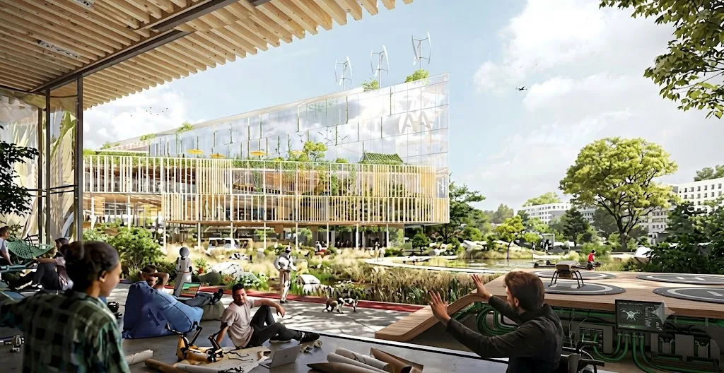 Render de un complejo arquitectónico sustentable con fachada de vidrio y lamas de madera, integrado con áreas verdes, terrazas con vegetación y un parque público.
