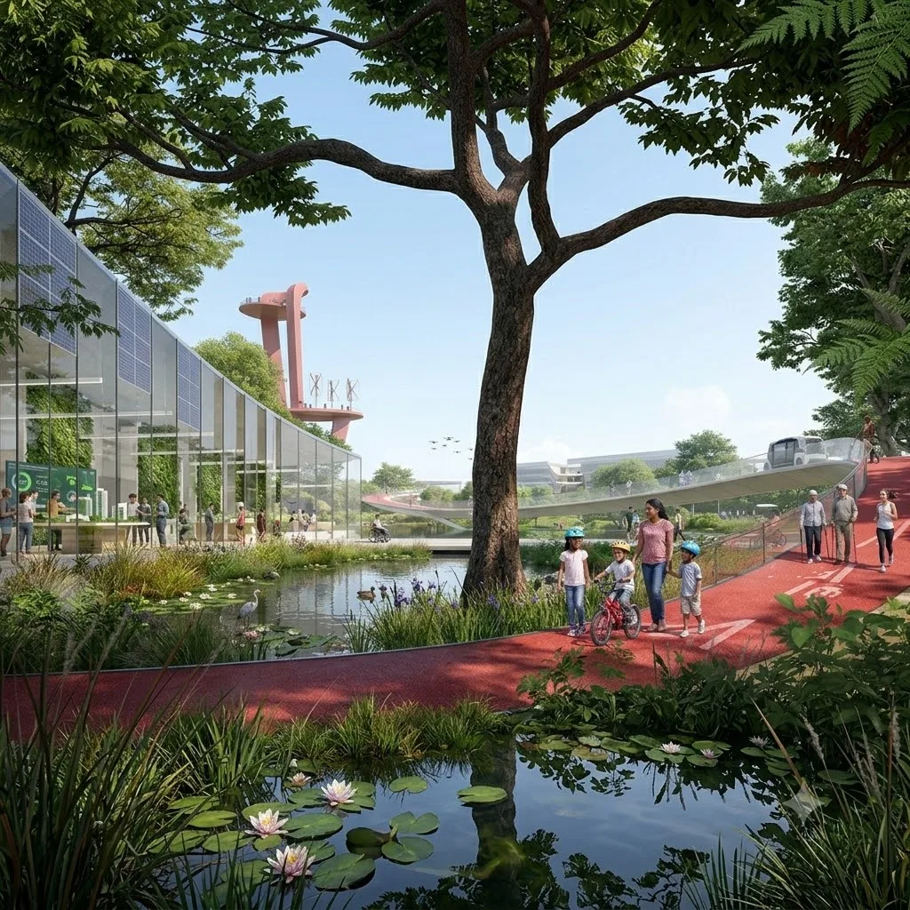 Renderizado 3D de un parque urbano sostenible con paneles solares, ciclovías, humedales y vegetación integrado en un entorno bioclimático.