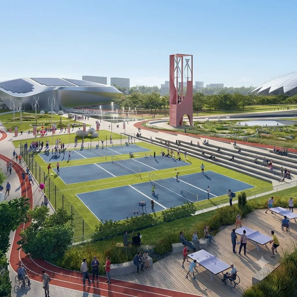 Renderizado 3D en primer plano de un complejo deportivo y urbano sostenible, que integra canchas, ciclovías, paneles solares y aerogeneradores en un entorno de diseño bioclimático.