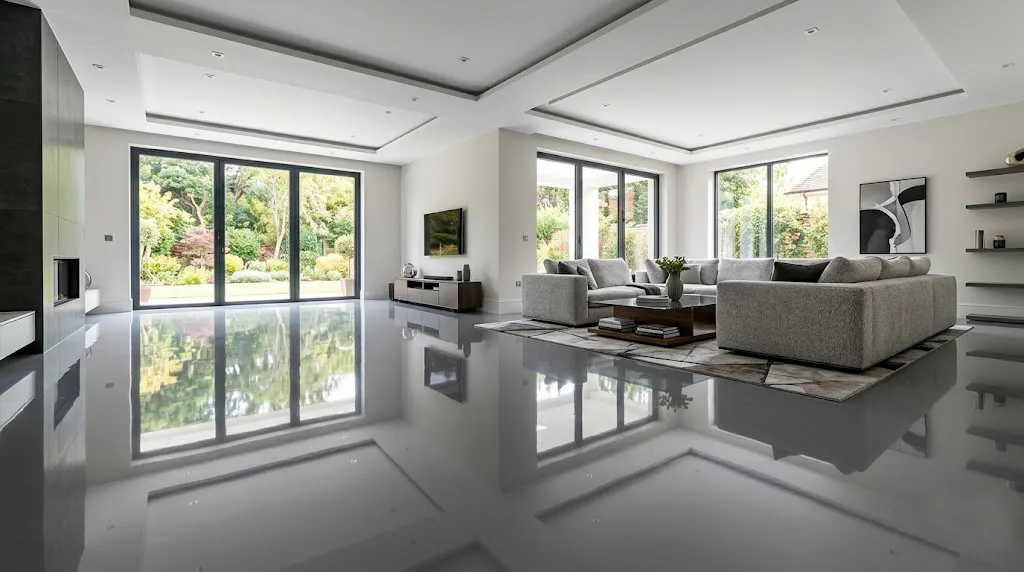 Vista angular de un salón moderno con un piso de porcelanato líquido terminado, que muestra un reflejo perfecto de tipo espejo y una superficie continua sin juntas.