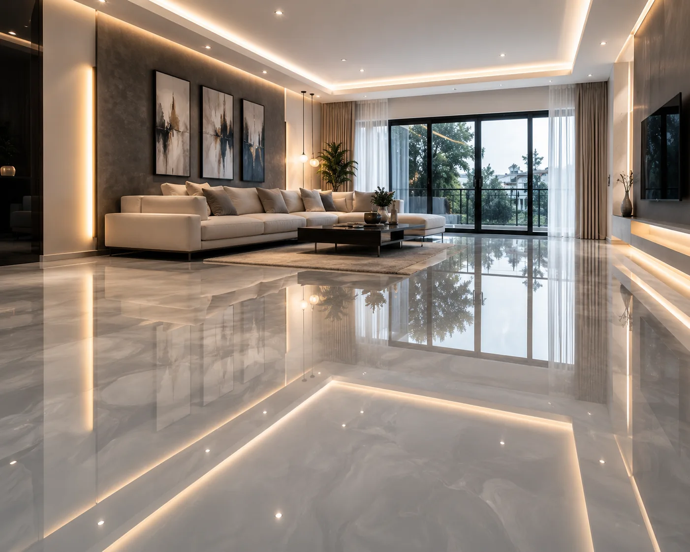 Vista angular de un salón moderno con un piso de porcelanato líquido terminado, que muestra un reflejo perfecto de tipo espejo y una superficie continua sin juntas