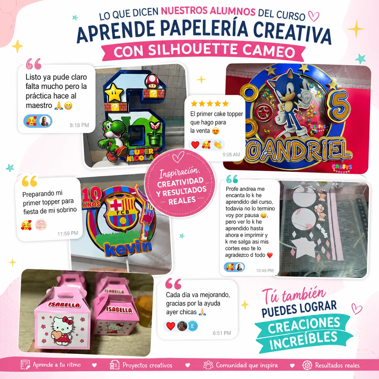 Testimonios de alumnos del curso Aprende Papelería Creativa con Silhouette Cameo mostrando sus proyectos de cake toppers, cajas personalizadas y diseños realizados con creatividad.