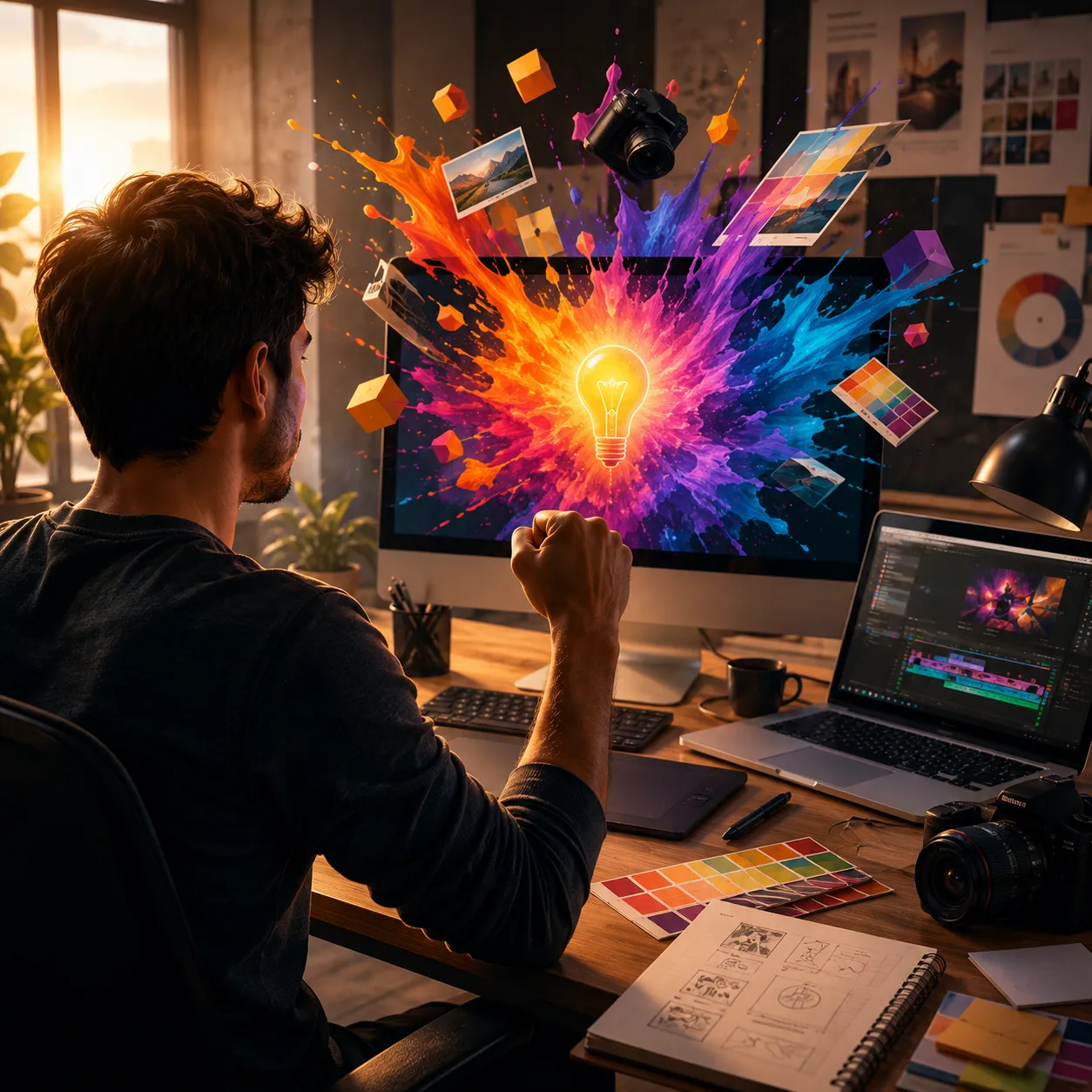 Diseñador creativo trabajando en una estación profesional mientras una explosión de colores, ideas y elementos visuales emerge de la pantalla, simbolizando innovación, crecimiento profesional y el inicio de una carrera en diseño gráfico y audiovisual.